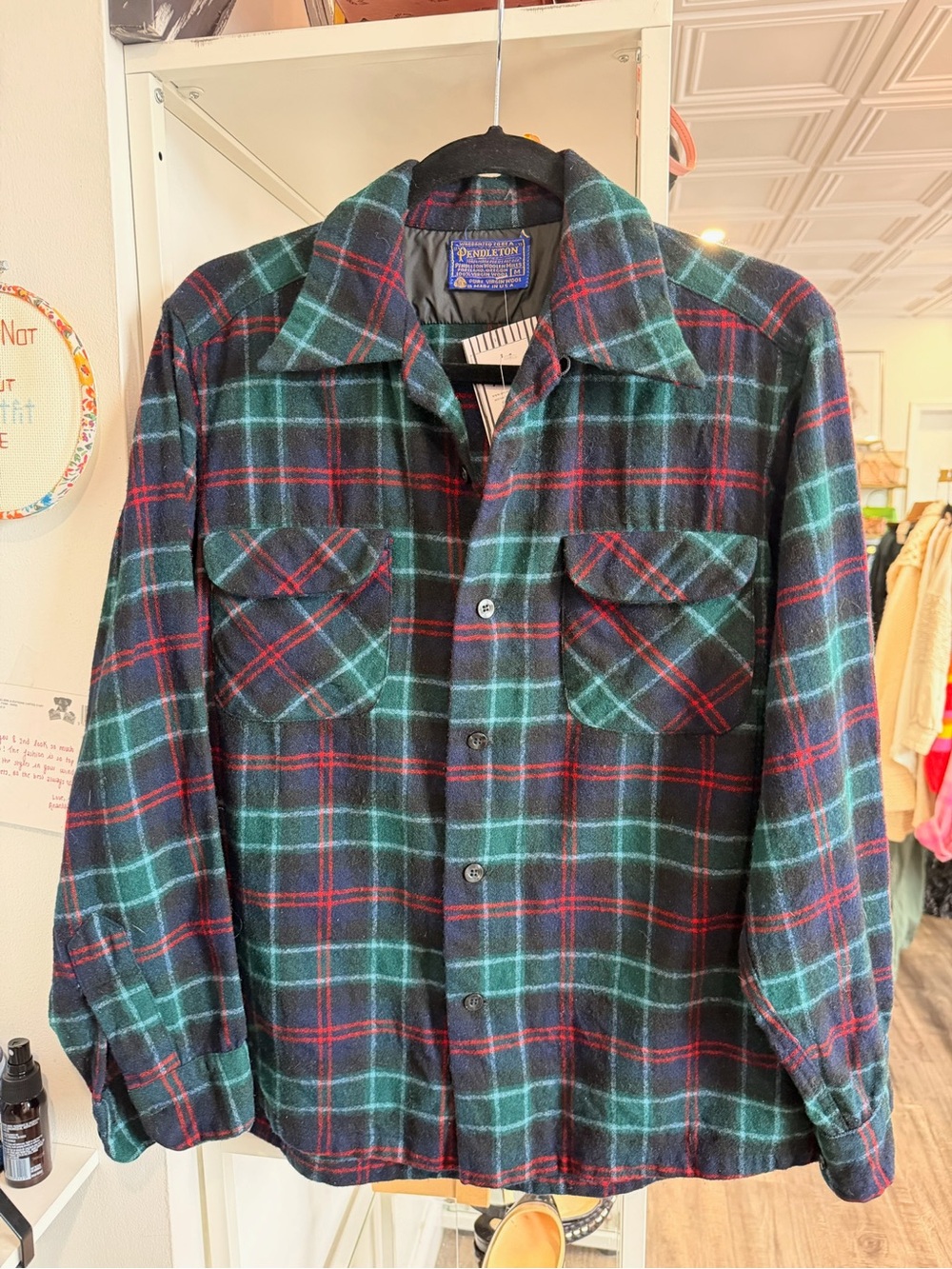Pendleton vintage Black, Green & Red Plaid Wool Button-Up Shirt - Picture 1 of 3